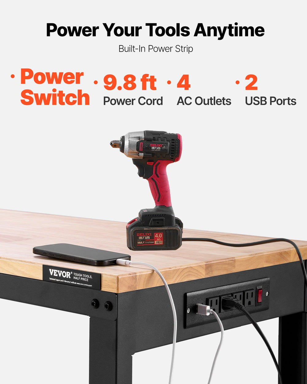 VEVOR Adjustable Workbench, 907 kg Capacity, 155 x 51 cm Heavy Duty Work Bench with 68.8-91.4 cm Height Adjustment, Garage Workbench with Power Outlets, Suitable for Office, Garage, Workshop