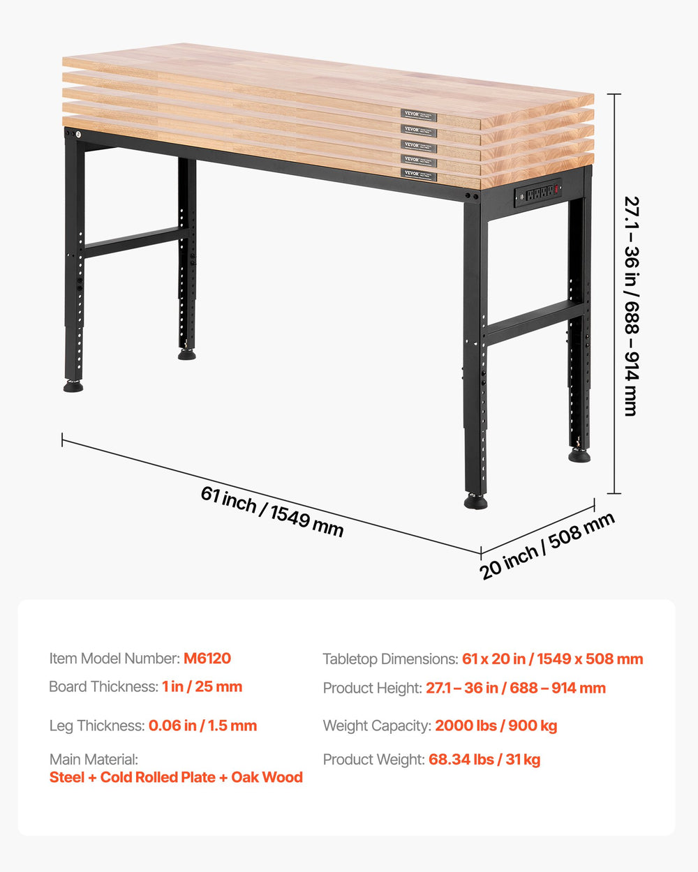 VEVOR Adjustable Workbench, 907 kg Capacity, 155 x 51 cm Heavy Duty Work Bench with 68.8-91.4 cm Height Adjustment, Garage Workbench with Power Outlets, Suitable for Office, Garage, Workshop