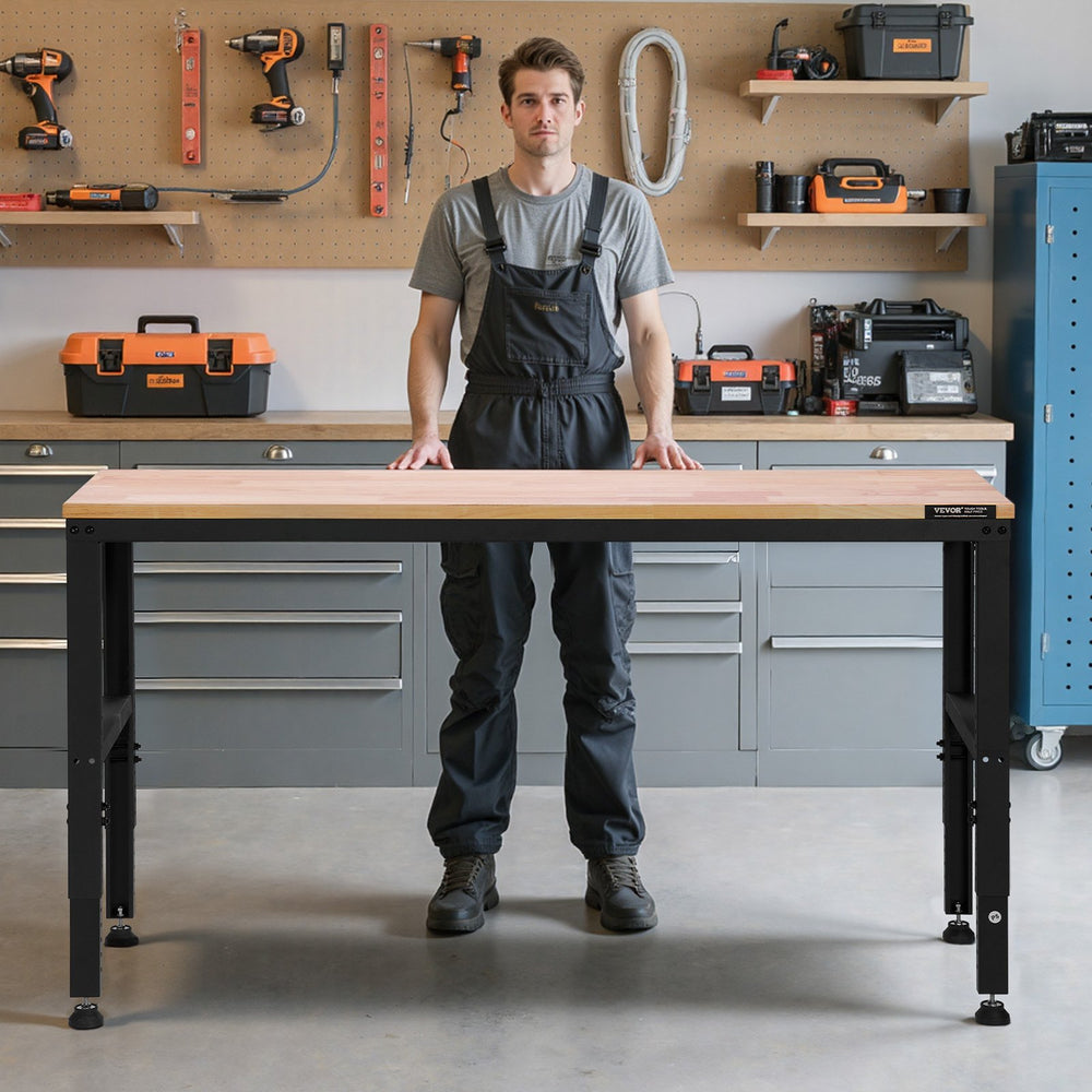 VEVOR Adjustable Workbench, 907 kg Capacity, 155 x 51 cm Heavy Duty Work Bench with 68.8-91.4 cm Height Adjustment, Garage Workbench with Power Outlets, Suitable for Office, Garage, Workshop