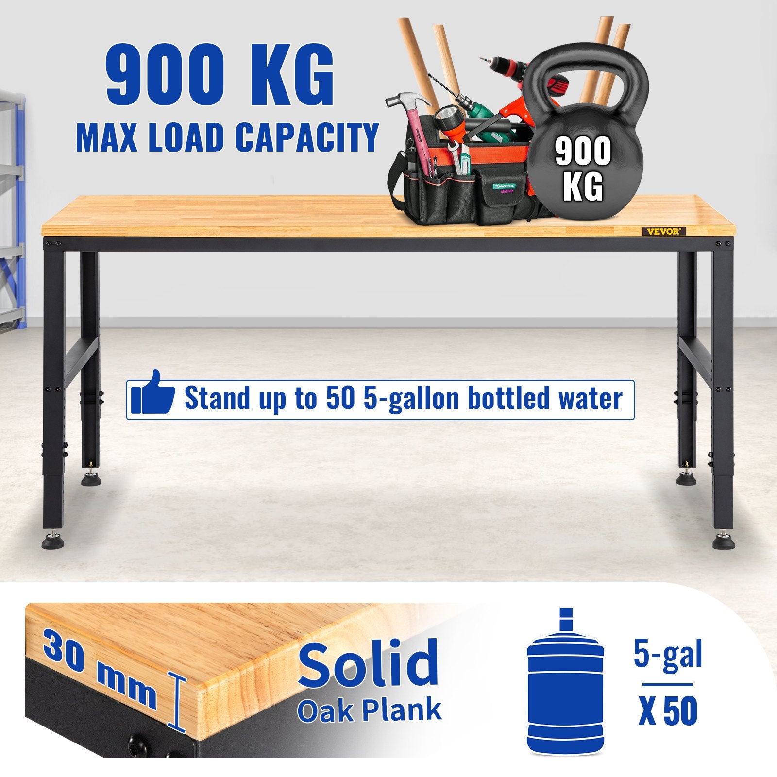VEVOR Workbench Adjustable Height, 183 x 64 cm Garage Table with 72 – 97 cm Heights & 900KG Load Capacity, with Power Outlets & Hardwood Top & Metal Frame & Foot Pads, for Office Home Workshop