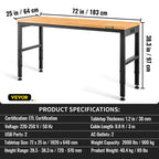 VEVOR Workbench Adjustable Height, 183 x 64 cm Garage Table with 72 – 97 cm Heights & 900KG Load Capacity, with Power Outlets & Hardwood Top & Metal Frame & Foot Pads, for Office Home Workshop