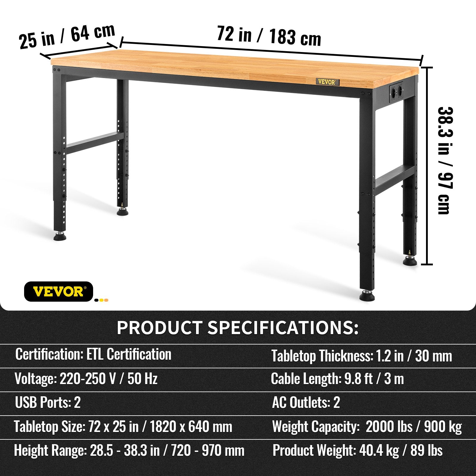 VEVOR Workbench Adjustable Height, 183 x 64 cm Garage Table with 72 – 97 cm Heights & 900KG Load Capacity, with Power Outlets & Hardwood Top & Metal Frame & Foot Pads, for Office Home Workshop