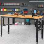 VEVOR Workbench Adjustable Height, 183 x 64 cm Garage Table with 72 – 97 cm Heights & 900KG Load Capacity, with Power Outlets & Hardwood Top & Metal Frame & Foot Pads, for Office Home Workshop