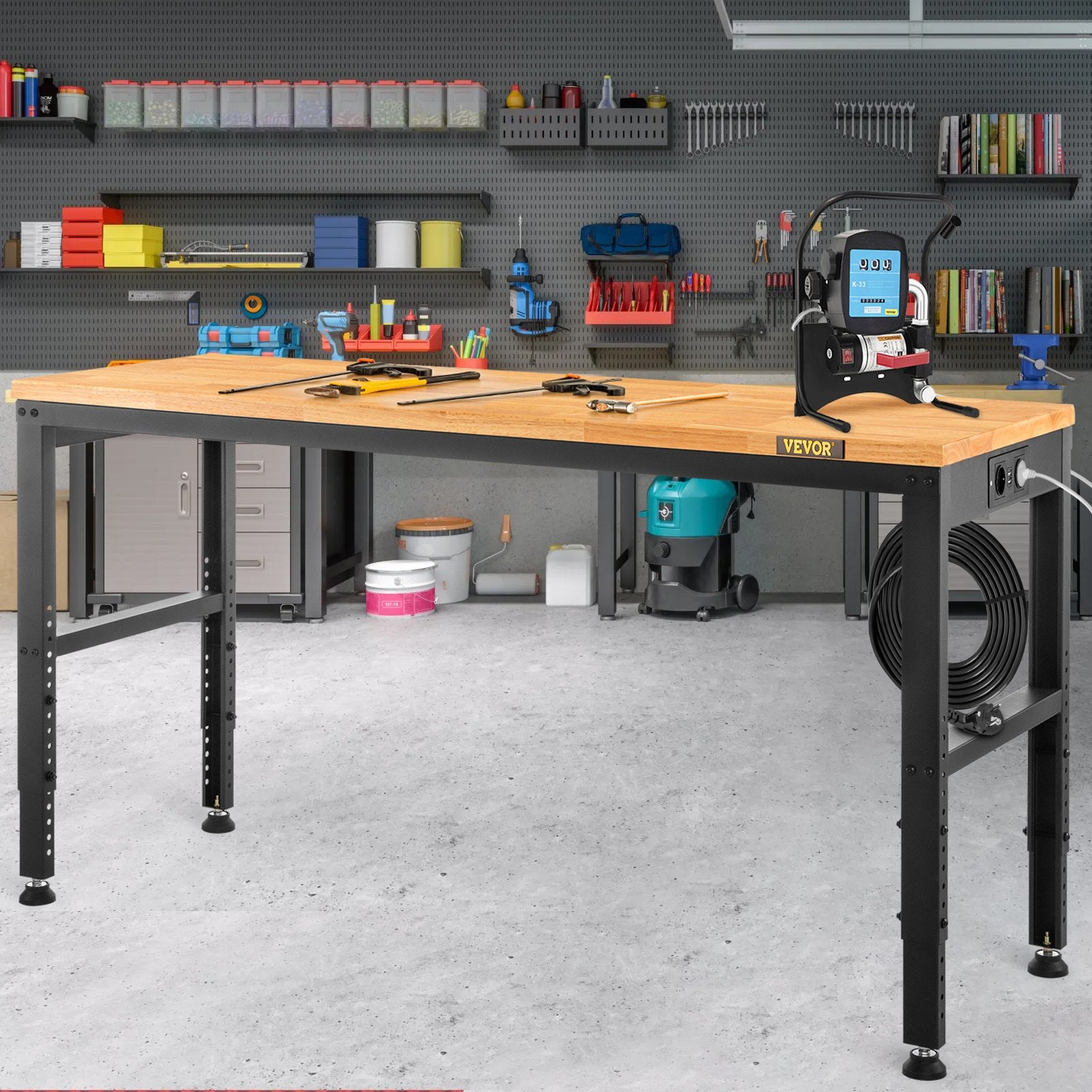 VEVOR Workbench Adjustable Height, 183 x 64 cm Garage Table with 72 – 97 cm Heights & 900KG Load Capacity, with Power Outlets & Hardwood Top & Metal Frame & Foot Pads, for Office Home Workshop