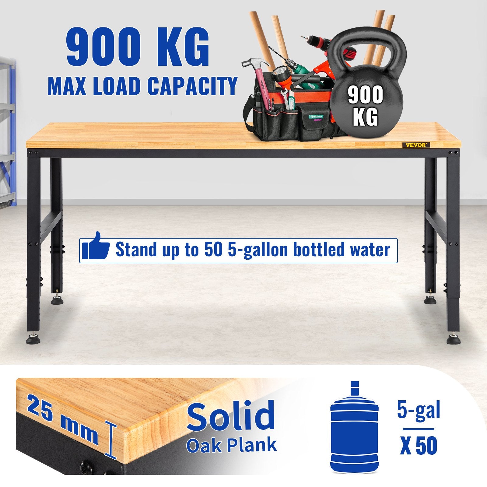 VEVOR Workbench Adjustable Height, 122cm W X 61cm D X 97cm H Garage Table with 72 – 97 cm Heights & 900KG Load Capacity, with Power Outlets & Hardwood Top & Metal Frame & Foot Pads, for Office Home