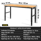 VEVOR Workbench Adjustable Height, 122cm W X 61cm D X 97cm H Garage Table with 72 – 97 cm Heights & 900KG Load Capacity, with Power Outlets & Hardwood Top & Metal Frame & Foot Pads, for Office Home