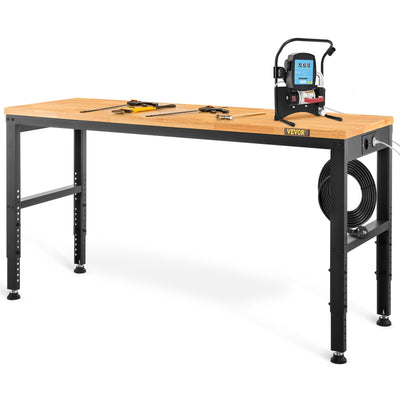 VEVOR Workbench Adjustable Height, 122cm W X 61cm D X 97cm H Garage Table with 72 – 97 cm Heights & 900KG Load Capacity, with Power Outlets & Hardwood Top & Metal Frame & Foot Pads, for Office Home