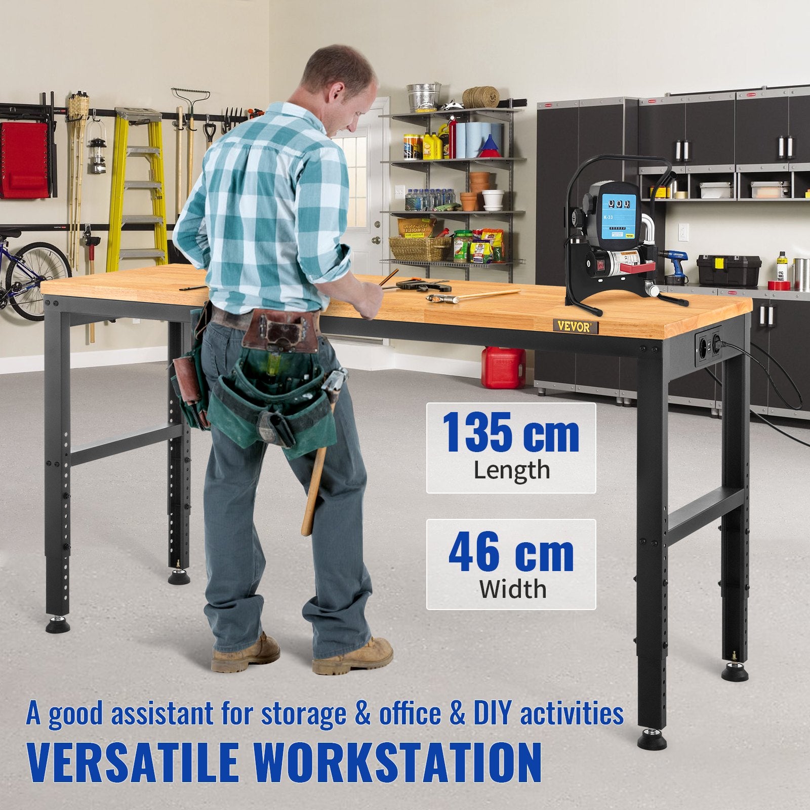 VEVOR Workbench Adjustable Height, 135cm W X 46cm D X 97cm H Garage Table w/ 72 – 97 cm Heights & 900KG Load Capacity, with Power Outlets & Hardwood Top & Metal Frame & Foot Pads, for Office Home