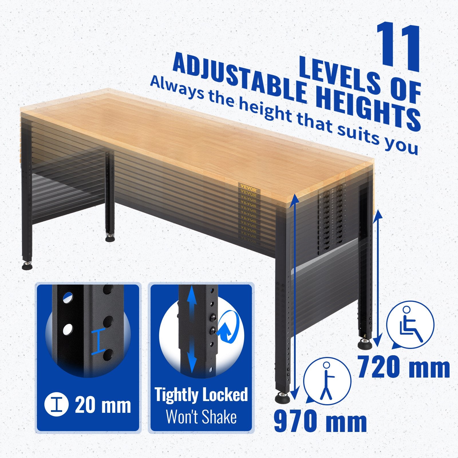 VEVOR Workbench Adjustable Height, 135cm W X 46cm D X 97cm H Garage Table w/ 72 – 97 cm Heights & 900KG Load Capacity, with Power Outlets & Hardwood Top & Metal Frame & Foot Pads, for Office Home