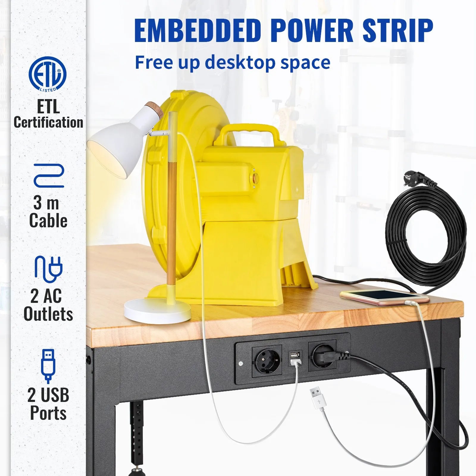 VEVOR Workbench Adjustable Height, 135cm W X 46cm D X 97cm H Garage Table w/ 72 – 97 cm Heights & 900KG Load Capacity, with Power Outlets & Hardwood Top & Metal Frame & Foot Pads, for Office Home