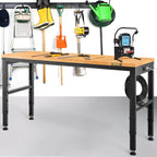 VEVOR Workbench Adjustable Height, 135cm W X 46cm D X 97cm H Garage Table w/ 72 – 97 cm Heights & 900KG Load Capacity, with Power Outlets & Hardwood Top & Metal Frame & Foot Pads, for Office Home
