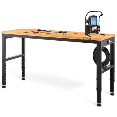 VEVOR Workbench Adjustable Height, 135cm W X 46cm D X 97cm H Garage Table w/ 72 – 97 cm Heights & 900KG Load Capacity, with Power Outlets & Hardwood Top & Metal Frame & Foot Pads, for Office Home