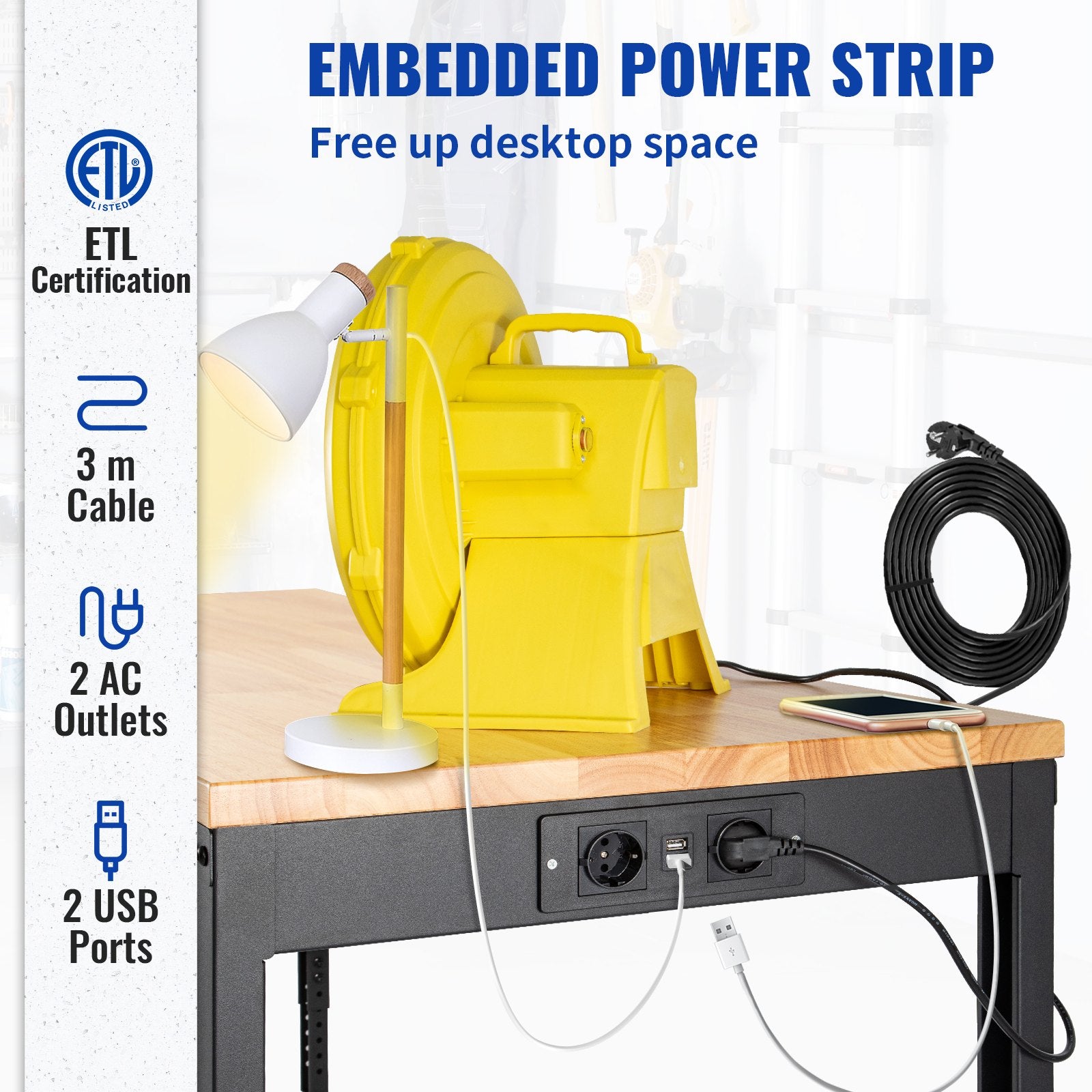 VEVOR Workbench Adjustable Height, 155 x 51 cm Garage Table with 80 – 105 cm Heights & 720KG Capacity, with Power Outlets & Hardwood Top & Metal Frame & Swivel Casters, for Office Home Workshop