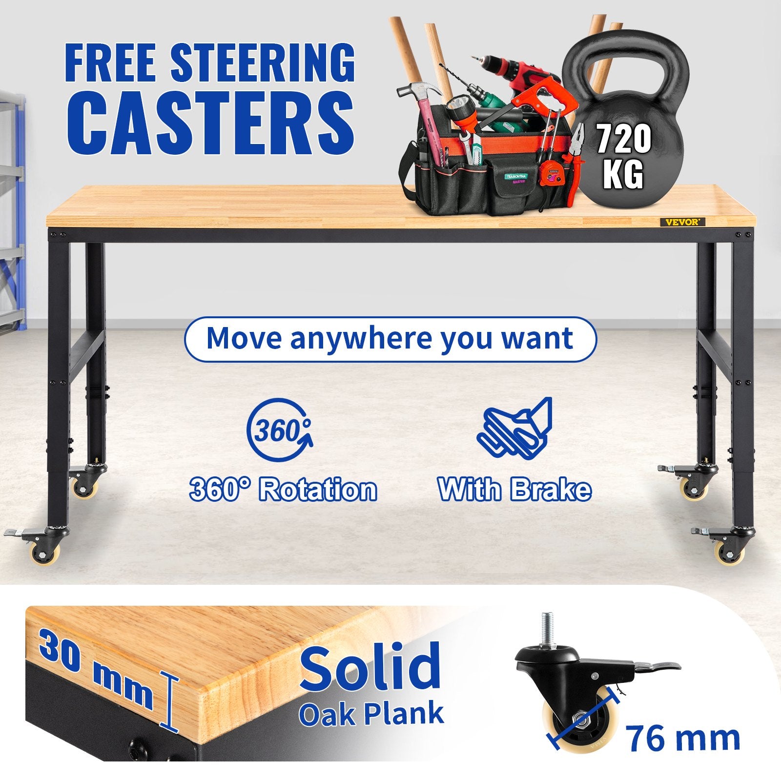 VEVOR Workbench Adjustable Height, 155 x 51 cm Garage Table with 80 – 105 cm Heights & 720KG Capacity, with Power Outlets & Hardwood Top & Metal Frame & Swivel Casters, for Office Home Workshop