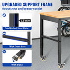 VEVOR Workbench Adjustable Height, 155 x 51 cm Garage Table with 80 – 105 cm Heights & 720KG Capacity, with Power Outlets & Hardwood Top & Metal Frame & Swivel Casters, for Office Home Workshop