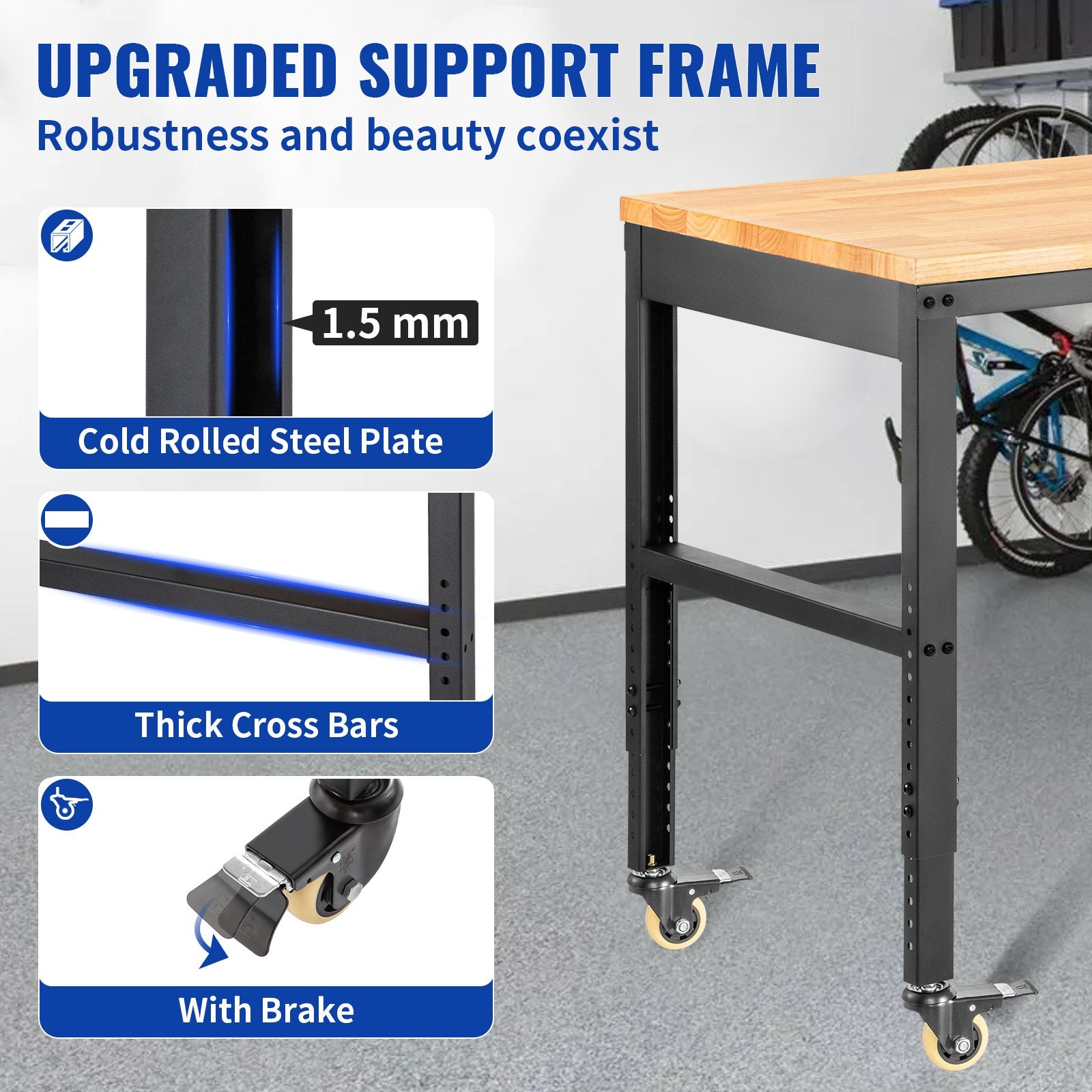 VEVOR Workbench Adjustable Height, 155 x 51 cm Garage Table with 80 – 105 cm Heights & 720KG Capacity, with Power Outlets & Hardwood Top & Metal Frame & Swivel Casters, for Office Home Workshop