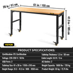 VEVOR Workbench Adjustable Height, 155 x 51 cm Garage Table with 80 – 105 cm Heights & 720KG Capacity, with Power Outlets & Hardwood Top & Metal Frame & Swivel Casters, for Office Home Workshop