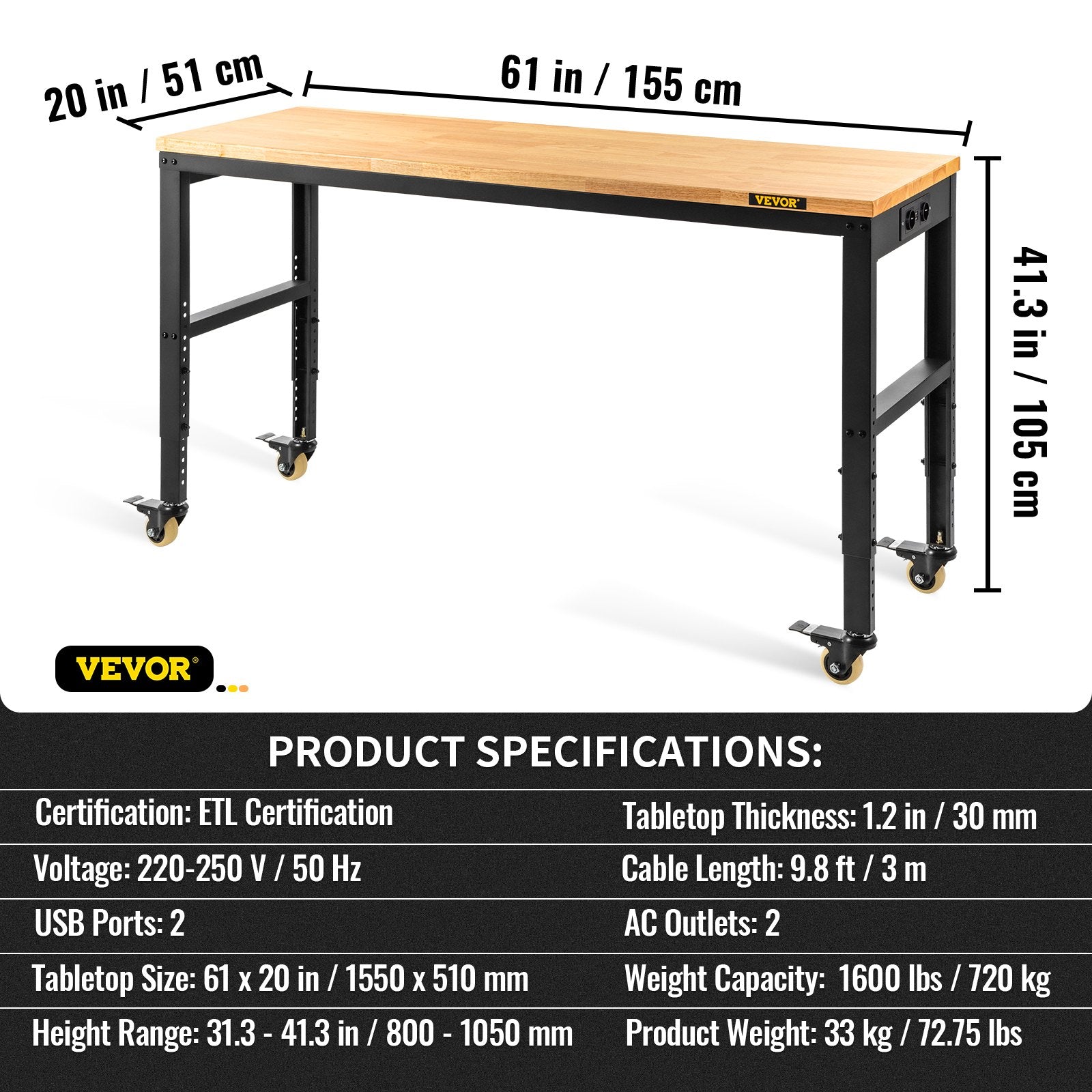 VEVOR Workbench Adjustable Height, 155 x 51 cm Garage Table with 80 – 105 cm Heights & 720KG Capacity, with Power Outlets & Hardwood Top & Metal Frame & Swivel Casters, for Office Home Workshop