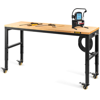 VEVOR Workbench Adjustable Height, 155 x 51 cm Garage Table with 80 – 105 cm Heights & 720KG Capacity, with Power Outlets & Hardwood Top & Metal Frame & Swivel Casters, for Office Home Workshop