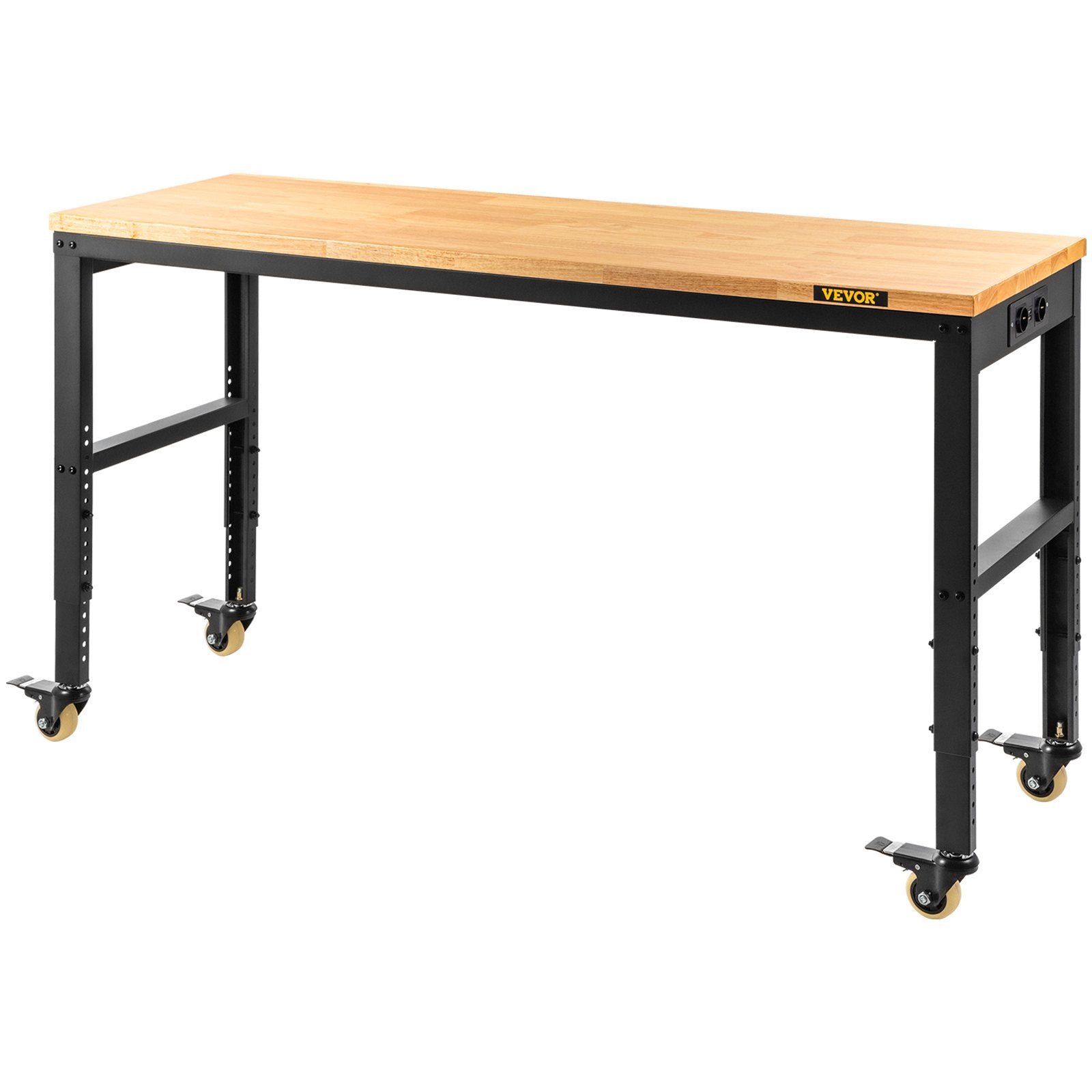 VEVOR Workbench Adjustable Height, 155 x 51 cm Garage Table with 80 – 105 cm Heights & 720KG Capacity, with Power Outlets & Hardwood Top & Metal Frame & Swivel Casters, for Office Home Workshop
