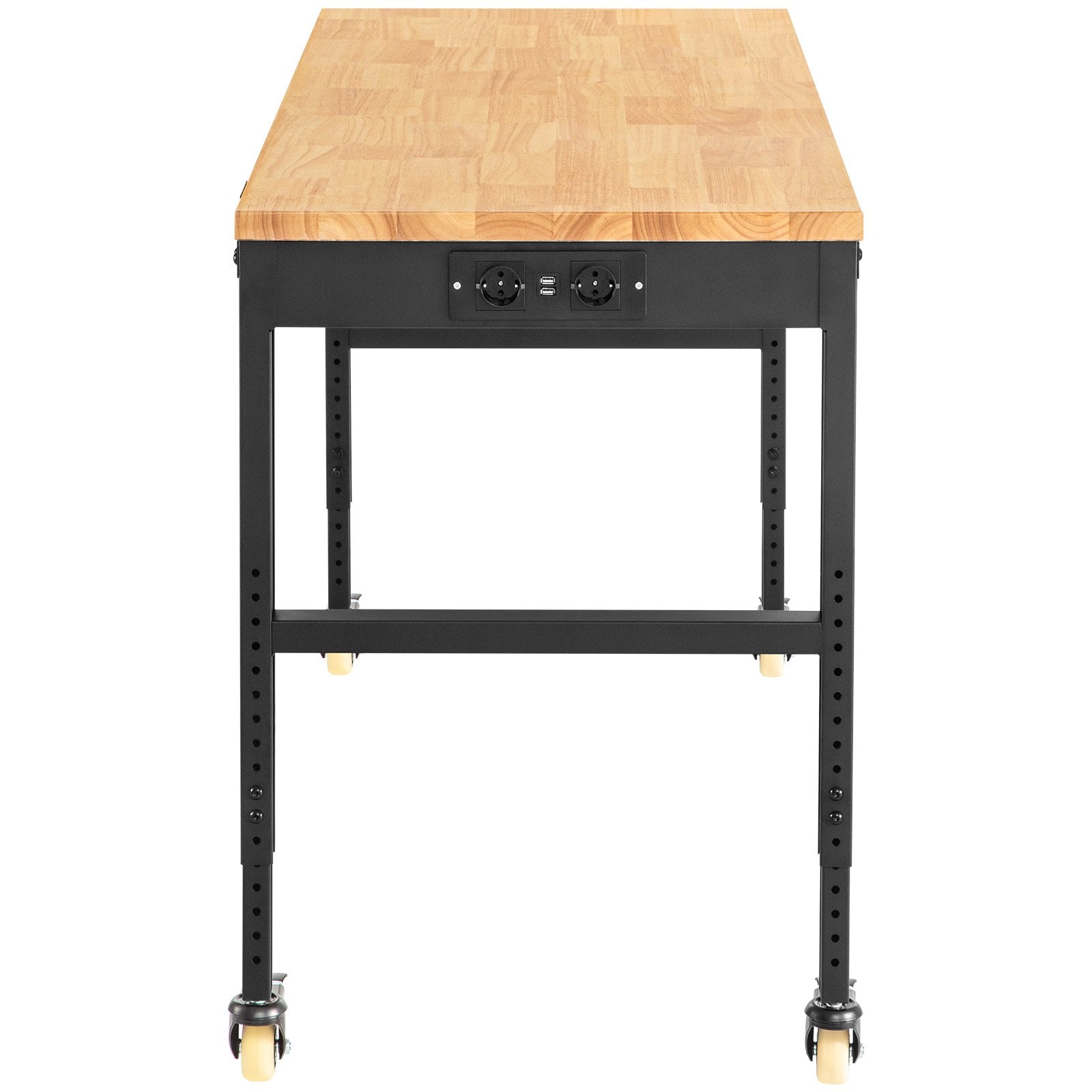 VEVOR Workbench Adjustable Height, 155 x 51 cm Garage Table with 80 – 105 cm Heights & 720KG Capacity, with Power Outlets & Hardwood Top & Metal Frame & Swivel Casters, for Office Home Workshop