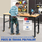 VEVOR Workbench Adjustable Height, 122cm W X 51cm D X 104cm H Garage Table w/ 79 – 104 cm Heights & 720KG Capacity, with Power Outlets & Hardwood Top & Metal Frame & Swivel Casters, for Office Home