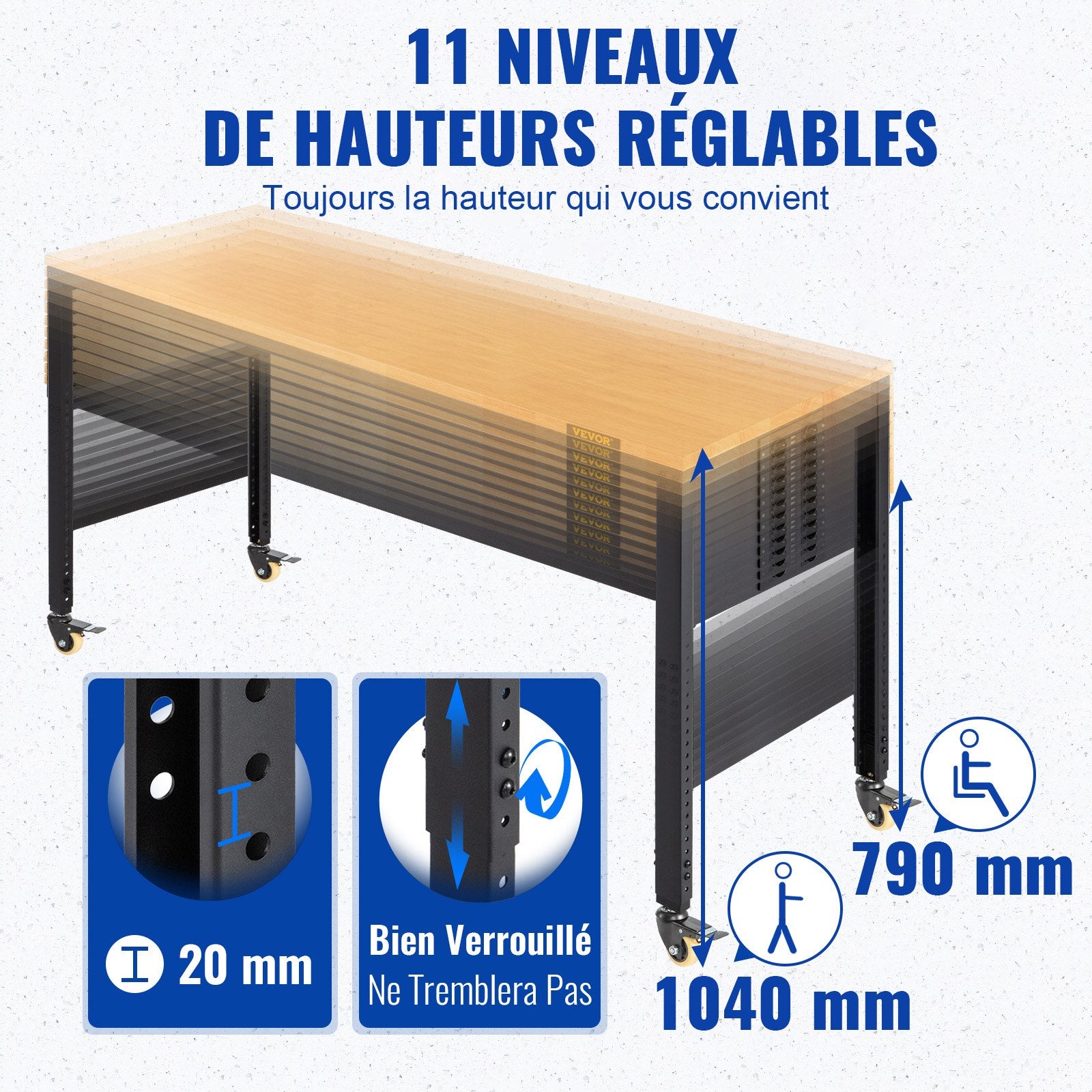 VEVOR Workbench Adjustable Height, 122cm W X 51cm D X 104cm H Garage Table w/ 79 – 104 cm Heights & 720KG Capacity, with Power Outlets & Hardwood Top & Metal Frame & Swivel Casters, for Office Home