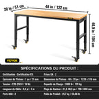 VEVOR Workbench Adjustable Height, 122cm W X 51cm D X 104cm H Garage Table w/ 79 – 104 cm Heights & 720KG Capacity, with Power Outlets & Hardwood Top & Metal Frame & Swivel Casters, for Office Home