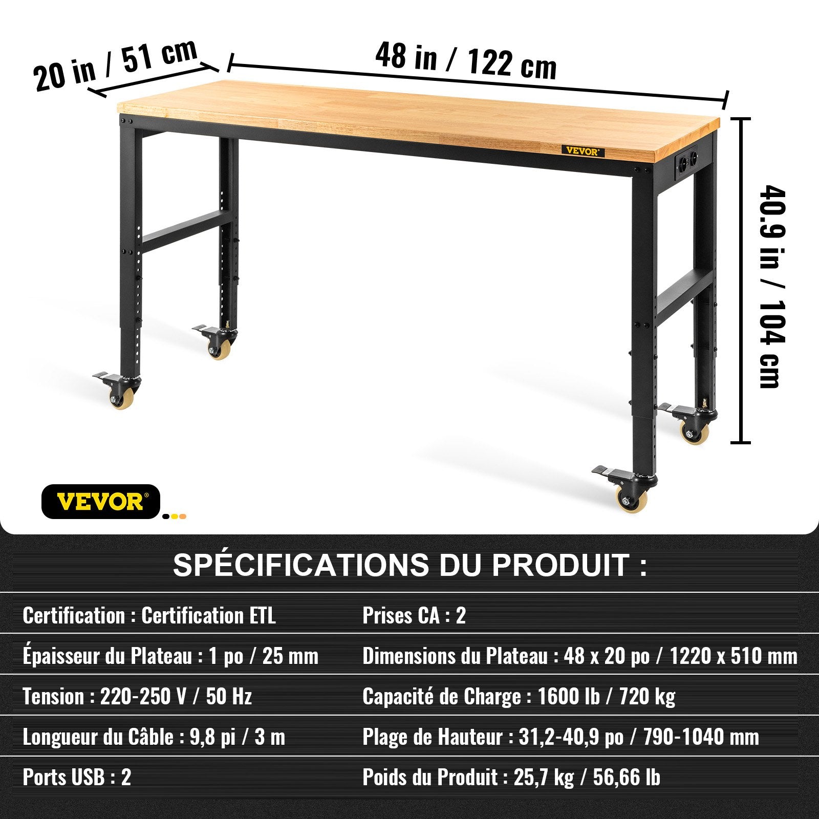 VEVOR Workbench Adjustable Height, 122cm W X 51cm D X 104cm H Garage Table w/ 79 – 104 cm Heights & 720KG Capacity, with Power Outlets & Hardwood Top & Metal Frame & Swivel Casters, for Office Home