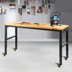 VEVOR Workbench Adjustable Height, 122cm W X 51cm D X 104cm H Garage Table w/ 79 – 104 cm Heights & 720KG Capacity, with Power Outlets & Hardwood Top & Metal Frame & Swivel Casters, for Office Home