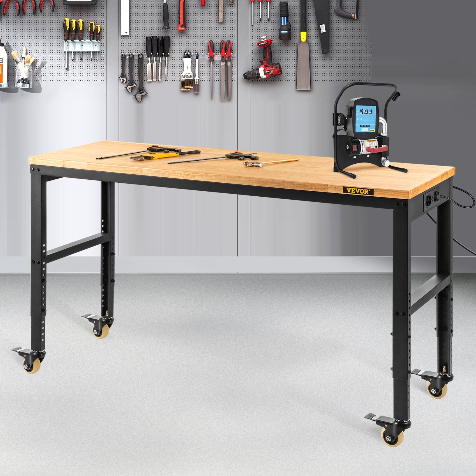 VEVOR Workbench Adjustable Height, 122cm W X 51cm D X 104cm H Garage Table w/ 79 – 104 cm Heights & 720KG Capacity, with Power Outlets & Hardwood Top & Metal Frame & Swivel Casters, for Office Home