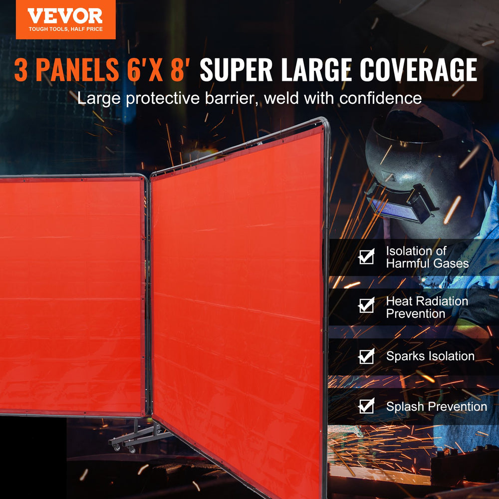 VEVOR Welding Screen with Frame, 1.8 x 2.4 m 3 Panel Welding Curtain Screens, Flame-Resistant Vinyl Welding Protection Screen on 12 Swivel Wheels (6 Lockable), Moveable & Professional for Workshop, Red