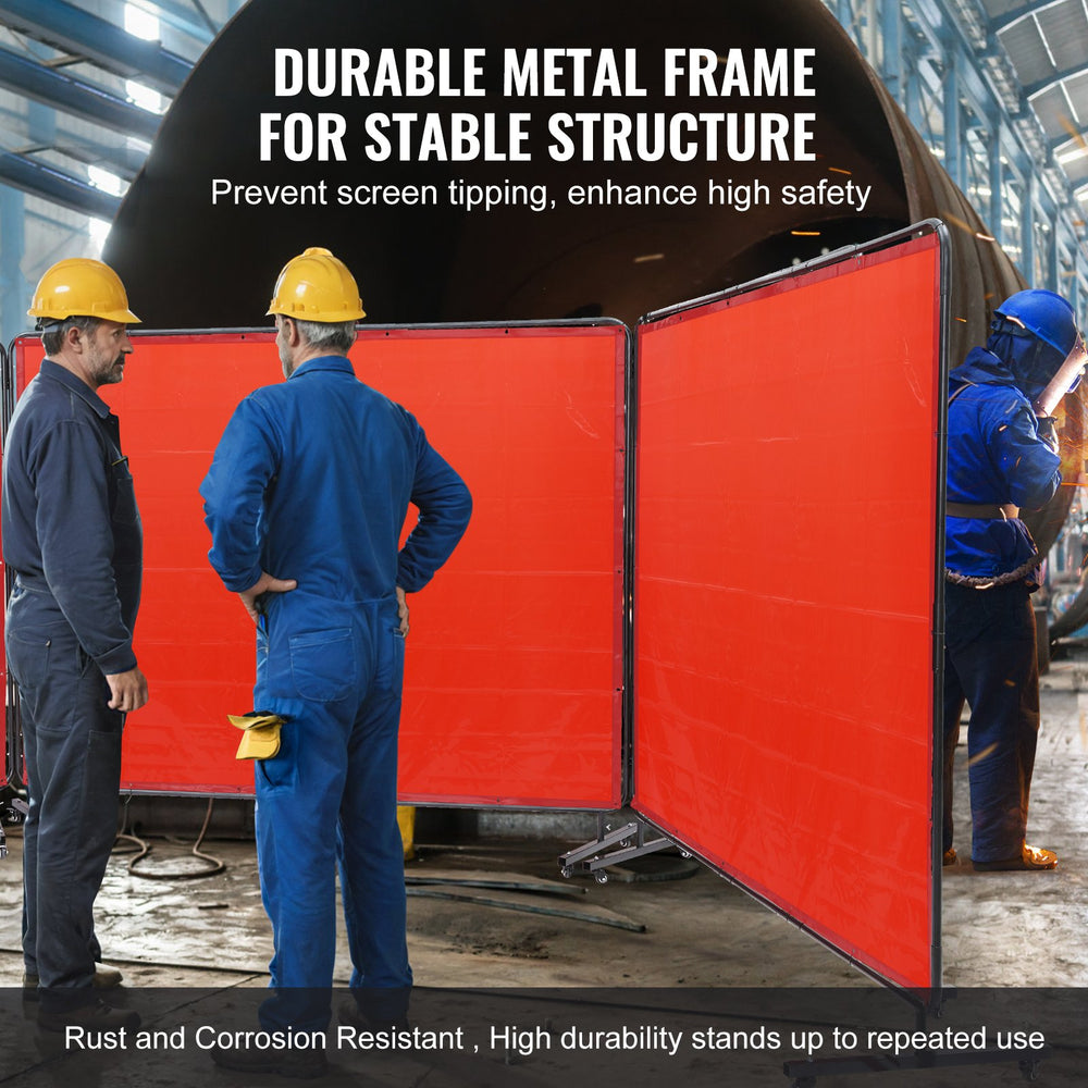 VEVOR Welding Screen with Frame, 1.8 x 2.4 m 3 Panel Welding Curtain Screens, Flame-Resistant Vinyl Welding Protection Screen on 12 Swivel Wheels (6 Lockable), Moveable & Professional for Workshop, Red