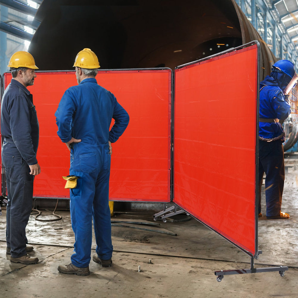 VEVOR Welding Screen with Frame, 1.8 x 2.4 m 3 Panel Welding Curtain Screens, Flame-Resistant Vinyl Welding Protection Screen on 12 Swivel Wheels (6 Lockable), Moveable & Professional for Workshop, Red