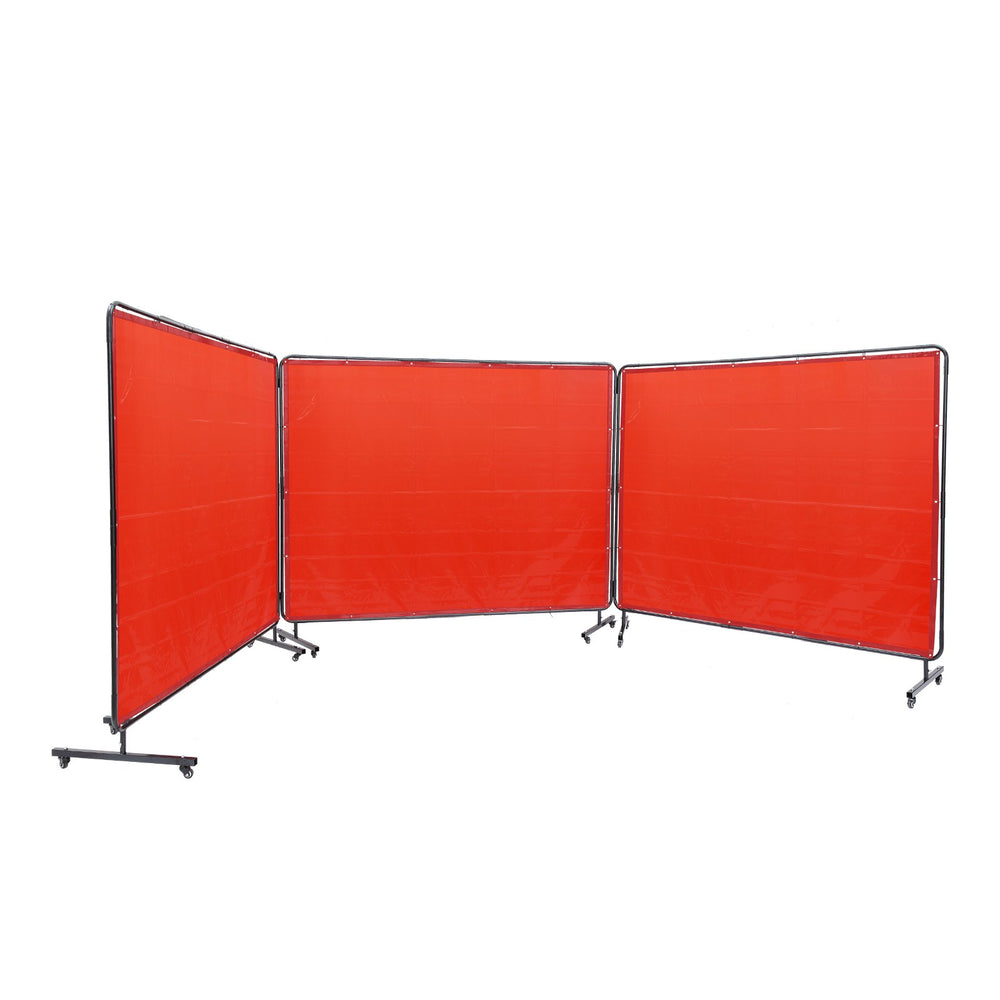 VEVOR Welding Screen with Frame, 1.8 x 2.4 m 3 Panel Welding Curtain Screens, Flame-Resistant Vinyl Welding Protection Screen on 12 Swivel Wheels (6 Lockable), Moveable & Professional for Workshop, Red