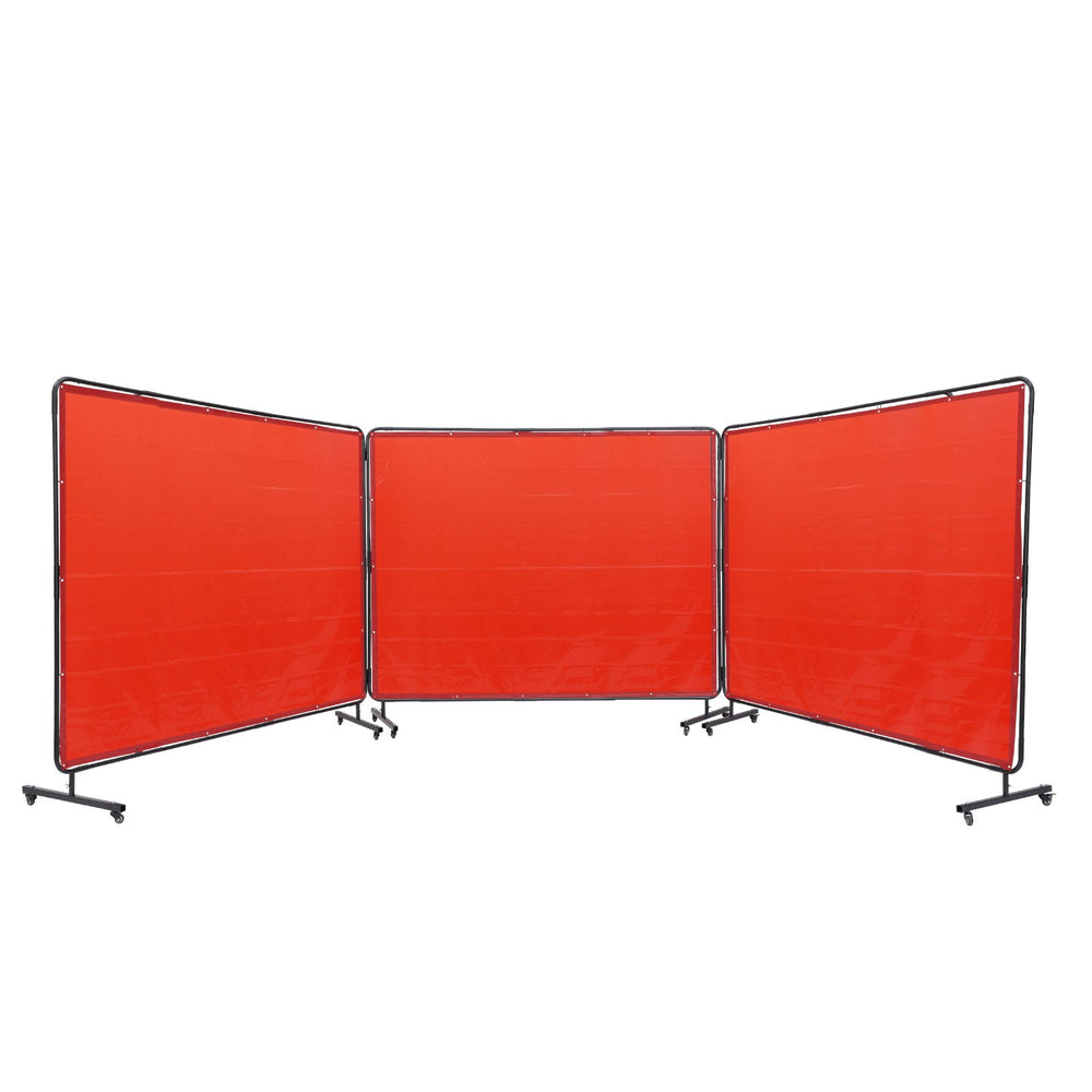 VEVOR Welding Screen with Frame, 1.8 x 2.4 m 3 Panel Welding Curtain Screens, Flame-Resistant Vinyl Welding Protection Screen on 12 Swivel Wheels (6 Lockable), Moveable & Professional for Workshop, Red