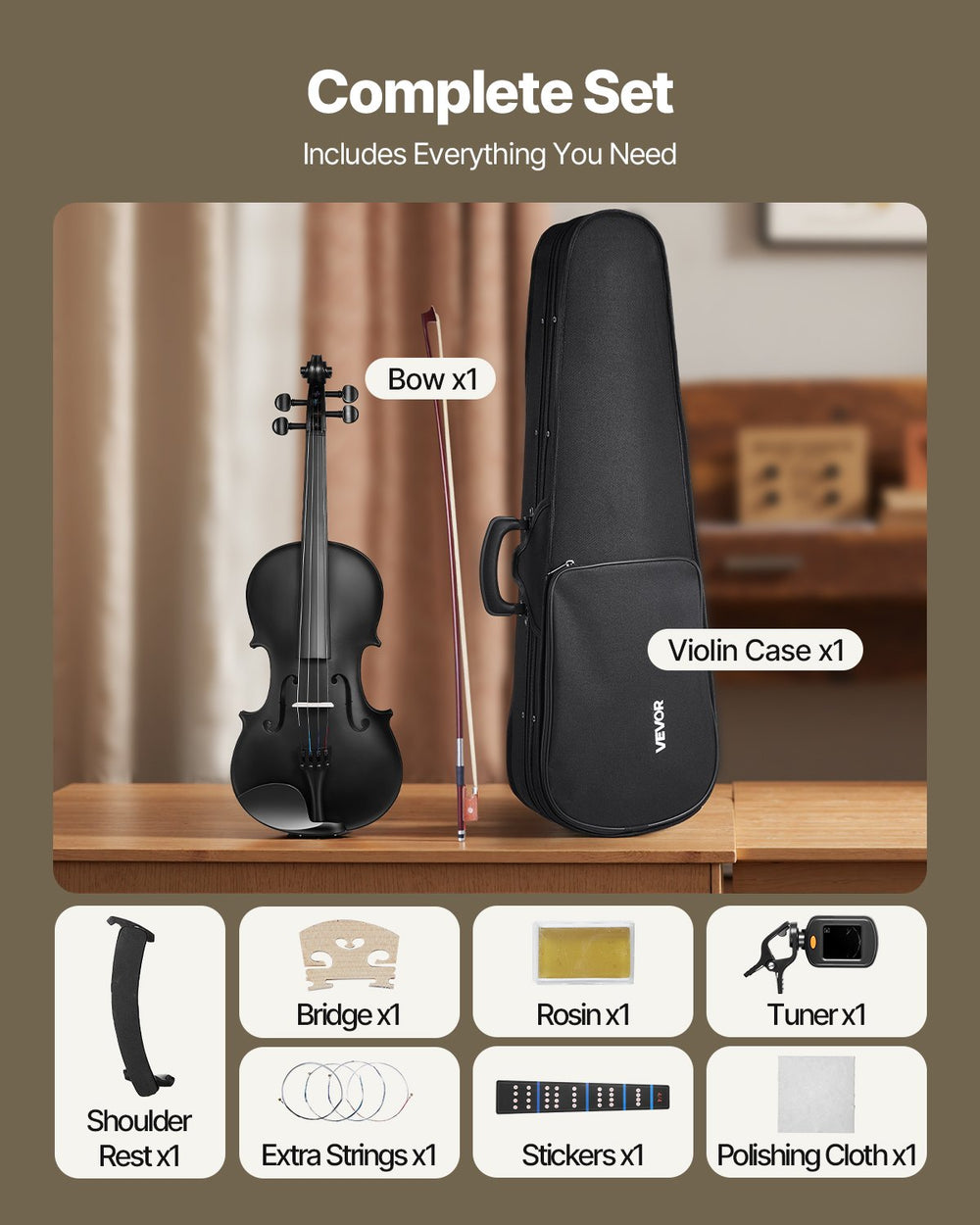 VEVOR Violin 355mm Size 4/4 Fiddle Set Solidwood for Beginner with Case Rosin Black