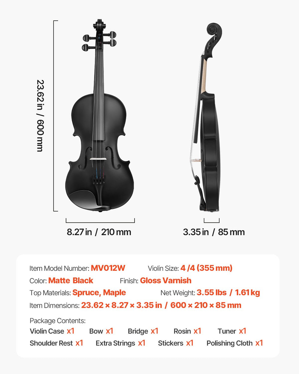 VEVOR Violin 355mm Size 4/4 Fiddle Set Solidwood for Beginner with Case Rosin Black