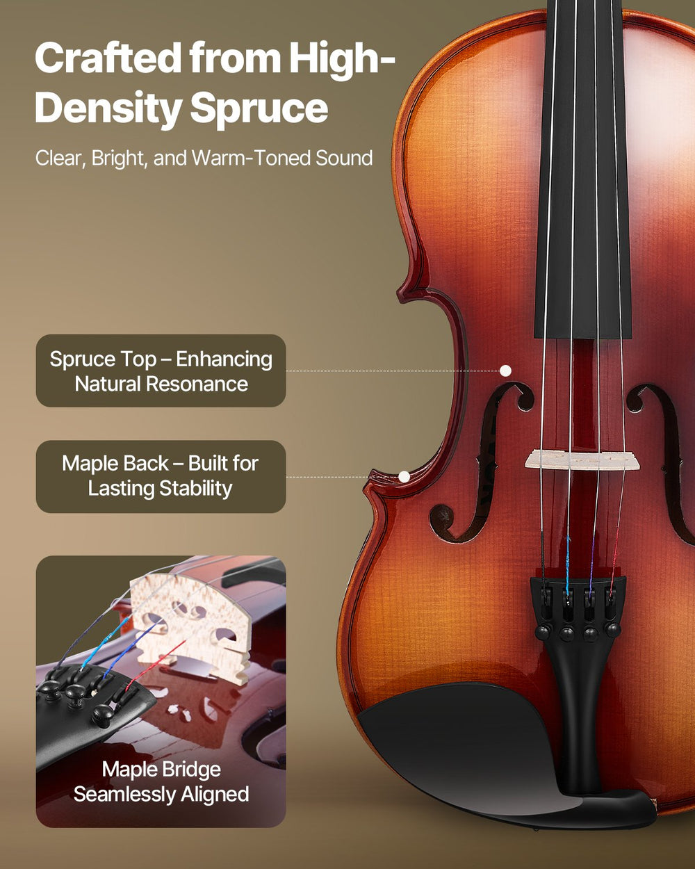 VEVOR Violin 4/4 355mm Full Size Fiddle Set Solidwood for Beginner Glossy Brown