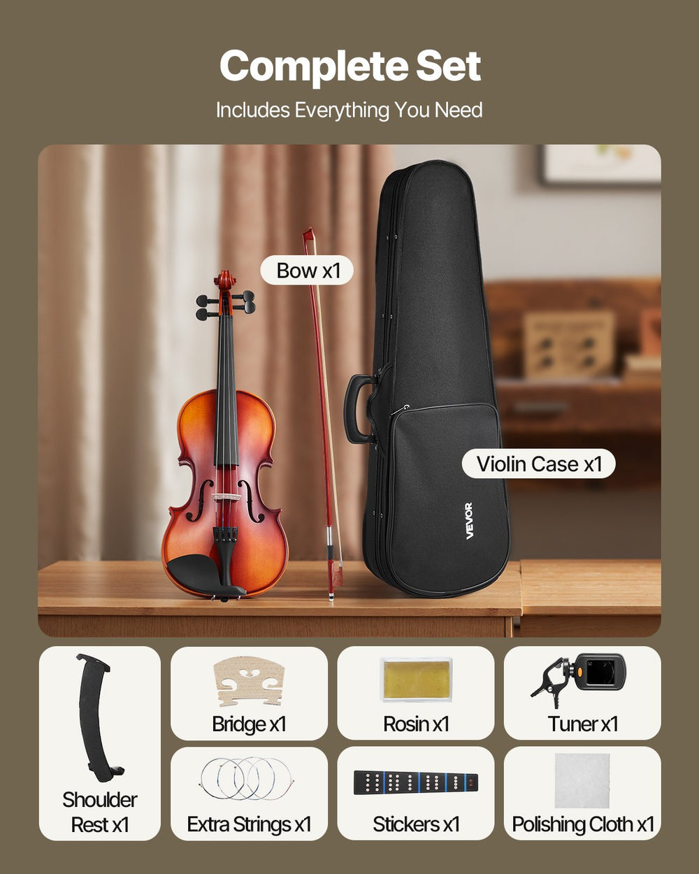 VEVOR Violin 4/4 355mm Full Size Fiddle Set Solidwood for Beginner Glossy Brown
