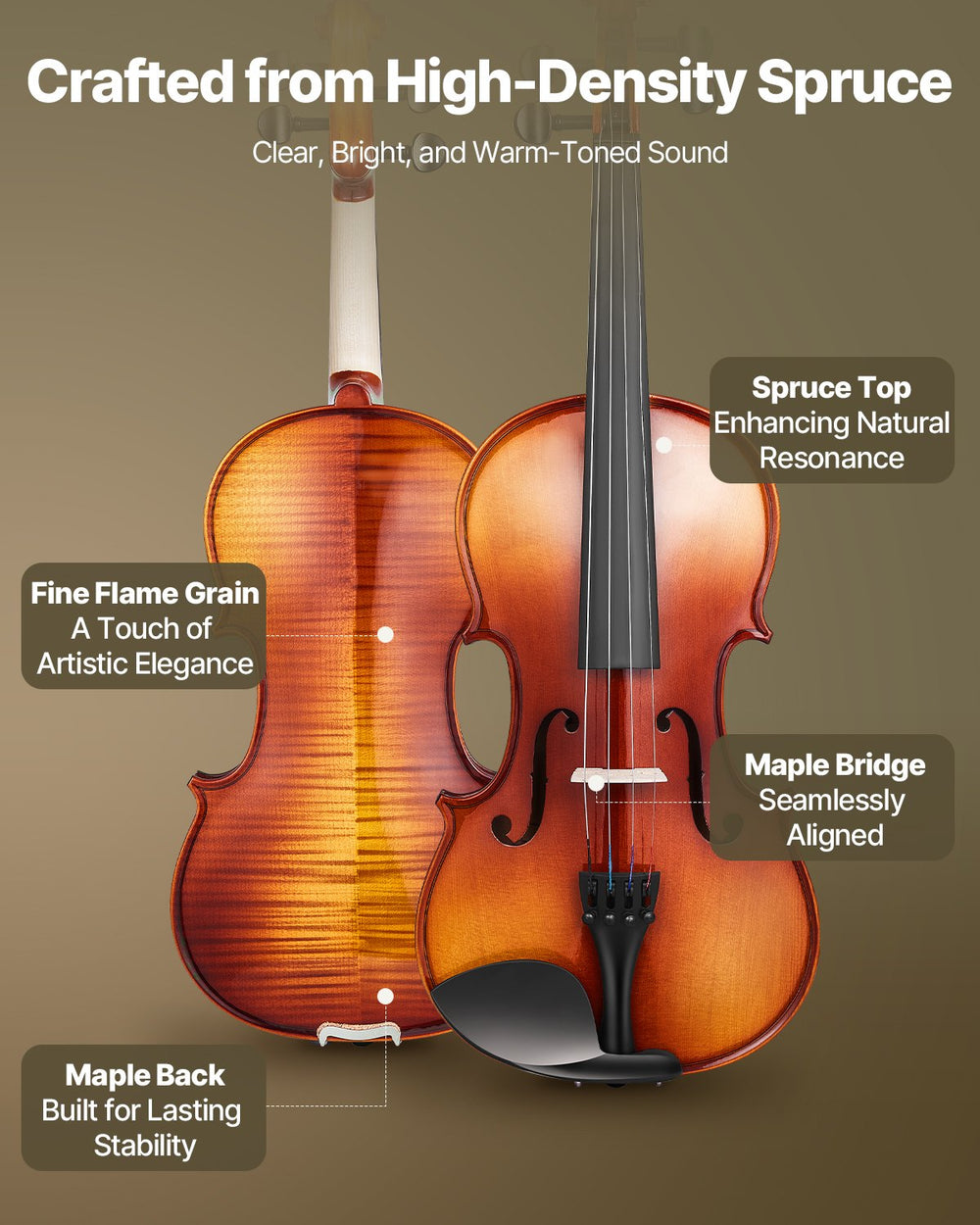 VEVOR Violin 4/4 355mm Size Fiddle Set Solidwood for Beginner Glossy Brown Patterned