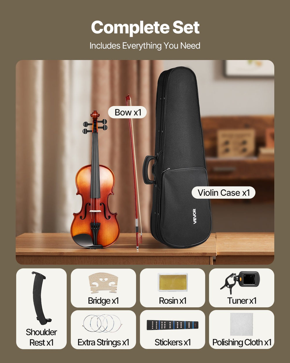 VEVOR Violin 4/4 355mm Size Fiddle Set Solidwood for Beginner Glossy Brown Patterned