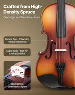 VEVOR Violin 4/4 355mm Full Size Fiddle Set Solidwood for Beginner Matte Brown