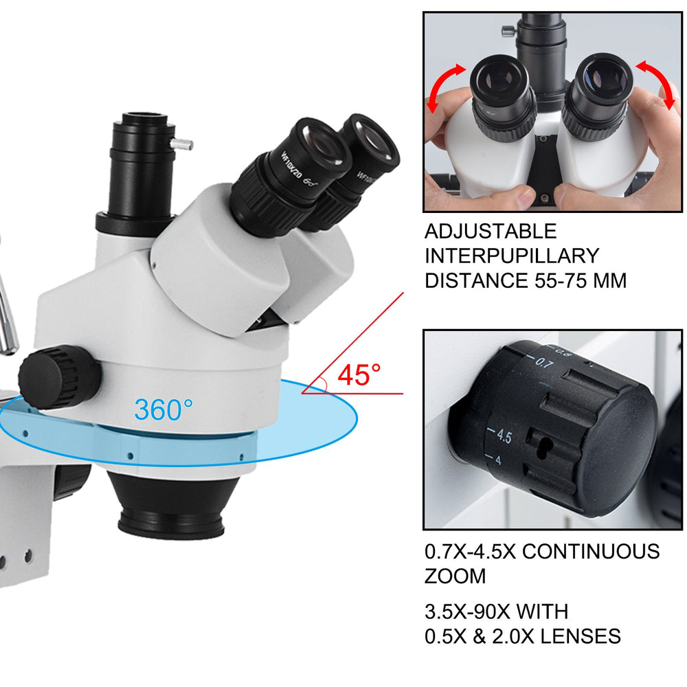 VEVOR 3.5X-90X Simul-Focal Stereo Microscope 360°Swiveling Trinocular Stereo Microscope with Dual Arm Boom