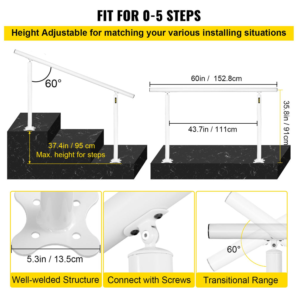 VEVOR Stair Railing Kit, 152.4 cm Handrails for Outdoor 0-5 Steps, Adjustable Angle White Aluminum Stair Handrail, Indoor & Outdoor Stairs for the Elderly