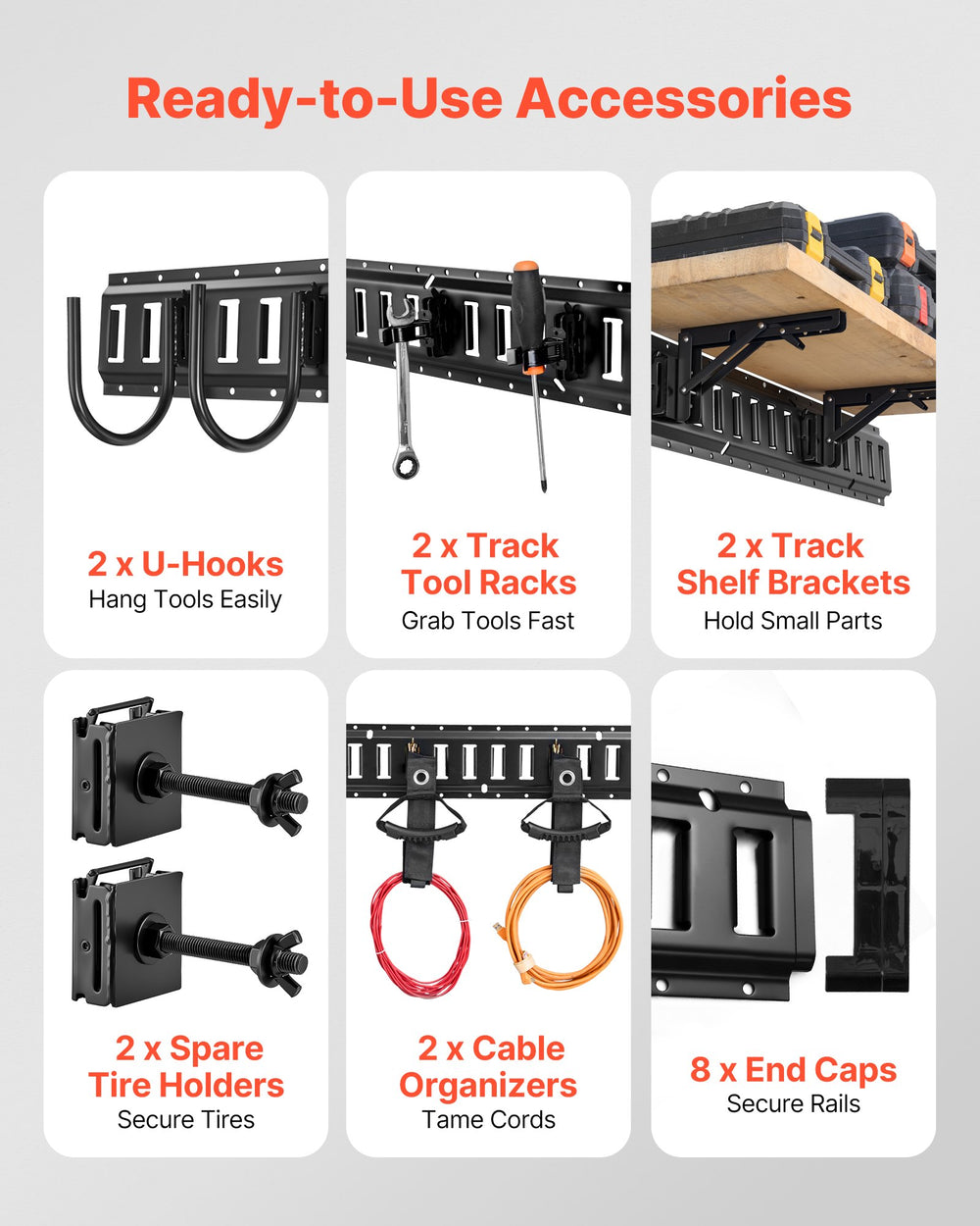 VEVOR E-Track Tie-Down Rail Kit, 4 Pack 0.4 m E Track Rails, 2 U-Shaped Hooks, 2 Tool Holders, 2 Track Shelf Brackets, 2 Tire Holders, 2 Cable Storage Rings, 8 End Caps & 1 Bag, Fit for Vans Trailers