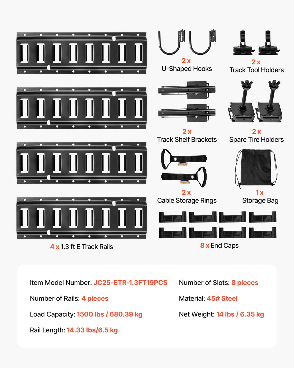 VEVOR E-Track Tie-Down Rail Kit, 4 Pack 0.4 m E Track Rails, 2 U-Shaped Hooks, 2 Tool Holders, 2 Track Shelf Brackets, 2 Tire Holders, 2 Cable Storage Rings, 8 End Caps & 1 Bag, Fit for Vans Trailers