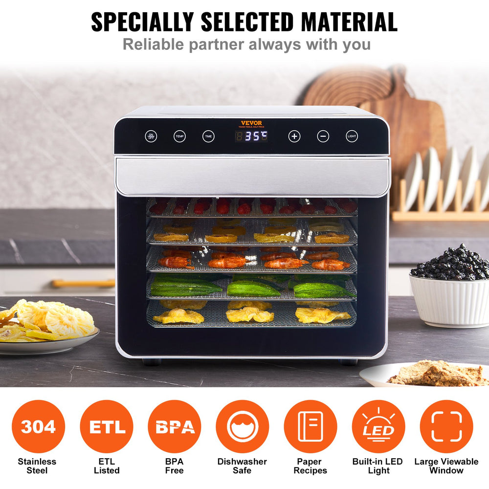 VEVOR 6 Trays Food Dehydrator Machine Stainless Steel 700W Jerky Fruit Drying