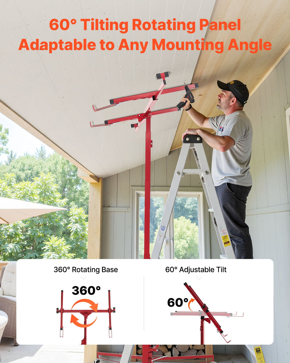 VEVOR 3353mm Drywall Lift, Heavy-Duty 68 kg Sheetrock Hoist with Adjustable Telescoping Arm, Lockable Wheels, Drywall Lifter Panel Jack Hoist Tools Ideal for Ceiling & Wall Installation (Red)
