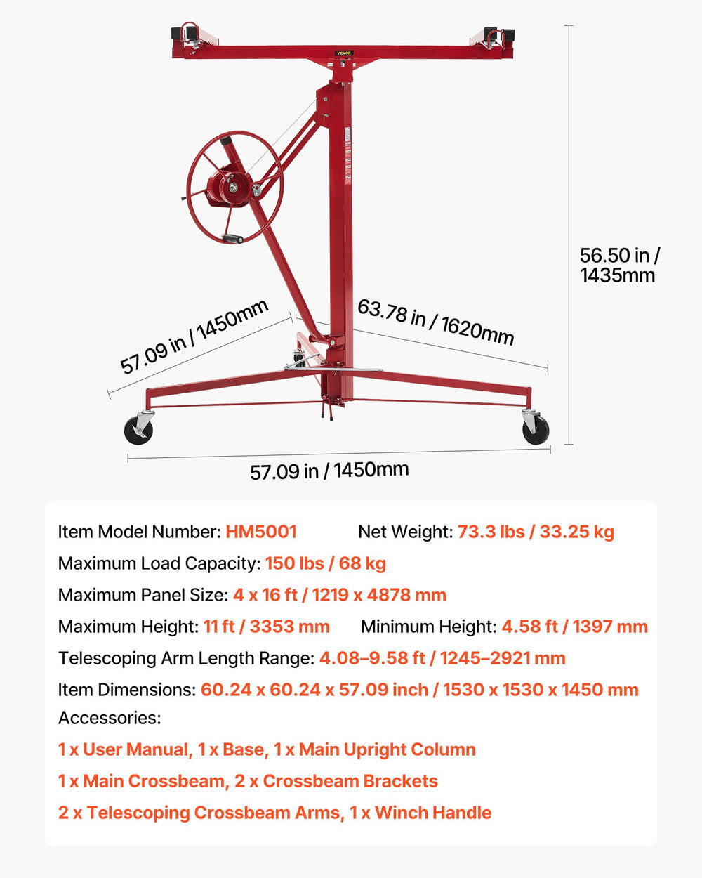 VEVOR 3353mm Drywall Lift, Heavy-Duty 68 kg Sheetrock Hoist with Adjustable Telescoping Arm, Lockable Wheels, Drywall Lifter Panel Jack Hoist Tools Ideal for Ceiling & Wall Installation (Red)